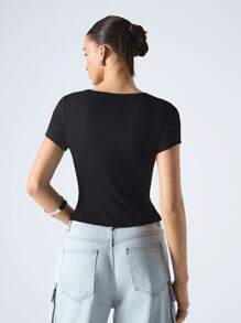 LYSMO Women's Black Button Half-Placket Short-Sleeved Cropped Slim-Fit T-Shirt - Black - View 2