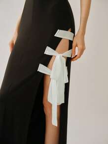 Uhlyne Ärmeloses elegantes sexy Bindeknoten Farbblock Maxikleid aus Strick für Damen