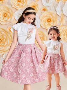 SHEIN 2 件装女婴休闲立领不对称荷叶边下摆无袖上衣和提花裙子套装 - 粉色 - 查看 2