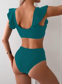 Swim Chiccia Women's Solid Color Cap Sleeve Sexy Bikini Set For Summer Beach Vacation - Teal Blue - View 2