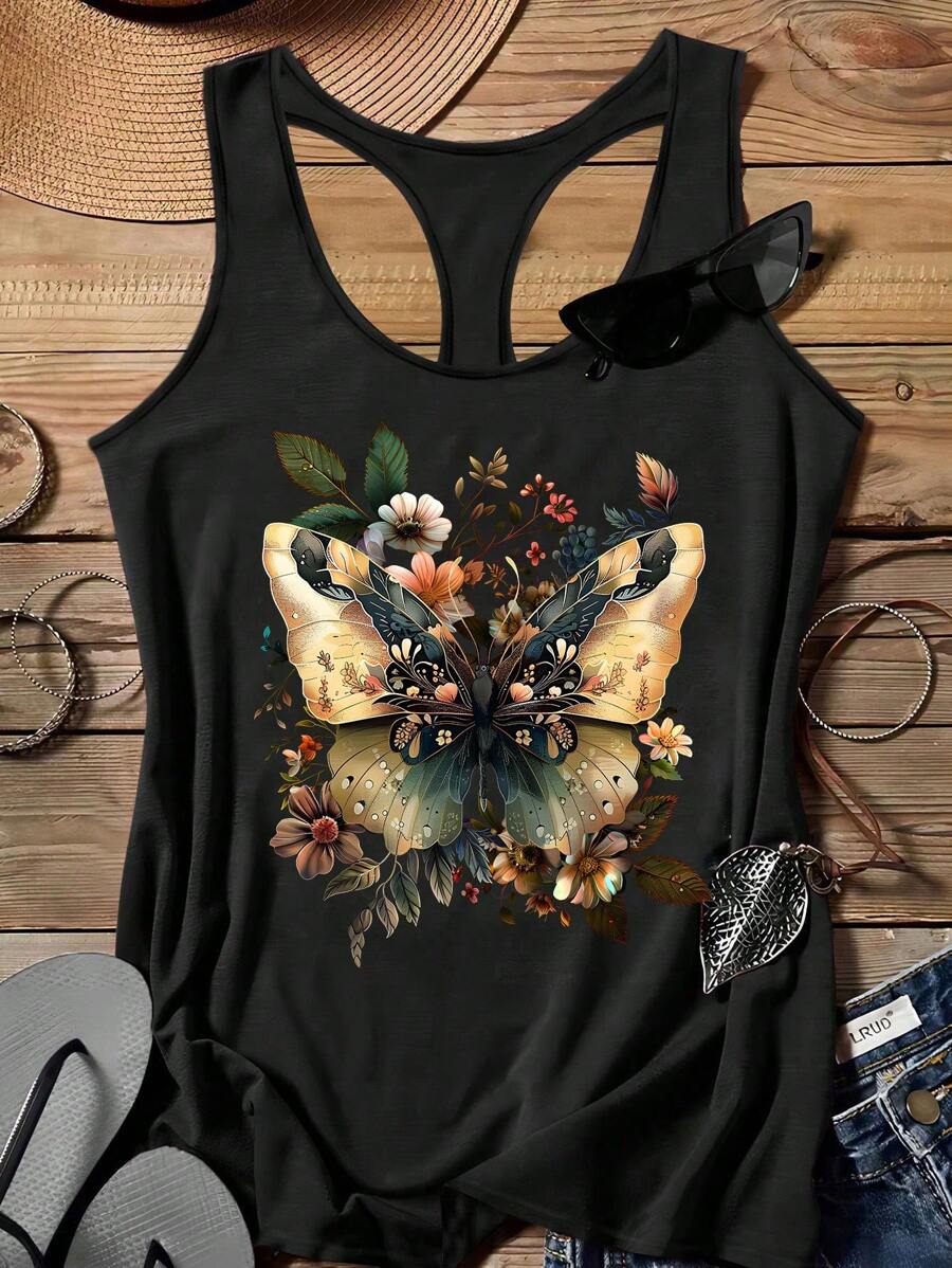 SHEIN LUNE Plus Butterfly Print Tank Top - Black - View 1