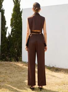 Aveloria Modichic Conjunto de 2 piezas para mujer para ir a trabajar, con chaqueta de metal con hebilla en el cuello en V sin mangas y pantalones de pierna ancha - Café integral - Ver 5