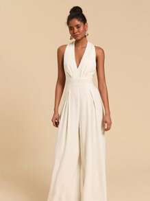 Travachic 净色露背挂脖连体裤 - 杏色 - 查看 4