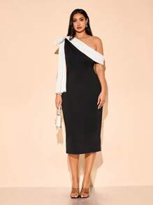 SHEIN BAE Váy suông đơn giản, rộng rãi, màu đen và trắng tương phản, cỡ lớn, nơ 3D/nơ lập thể, gợi cảm, váy midi thanh lịch kiểu Pháp, váy dạ hội, váy sinh nhật, váy phù dâu - màu đen - Xem 5