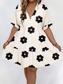 EMERY ROSE 大码女式花卉印花 V 领宽松蝙蝠袖休闲短袖连衣裙，春夏