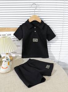 2pcs/Set Boys Letter Print Polo Shirt And Shorts Set - Black - View 1