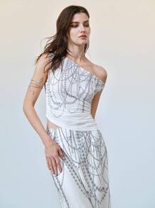 Chiquease Women's Elegant Jewelry Pearl Print Summer Tops White Top Going Out Tops Vacation Outfits Woman Asymmetrical Shoulder Ruched Uneven Hem Casual T-Shirt, Summer,Tops - White - View 3