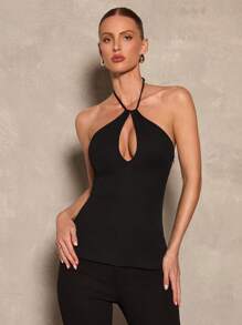 Glamine Ladies Solid Color Halter Neck Elegant Summer Top - Black - View 1