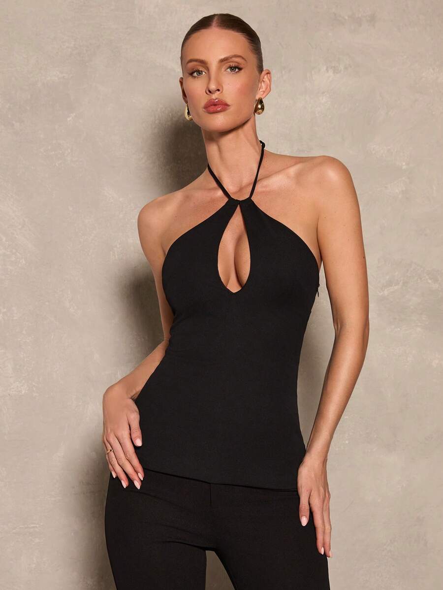 Glamine Ladies Solid Color Halter Neck Elegant Summer Top - Black - View 1