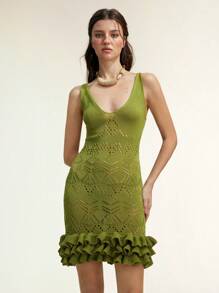 SHEIN LUNE Spring/Summer Women Stylish Hollow-Out Ruffled Mini Dress, Fresh Green Color - Green - View 4