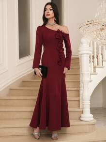 Modelyn Women's Elegant Solid Color Asymmetric Neck 3D Flower Decoration Fishtail Long Dress Women Dresses Birthday - Red - View 5