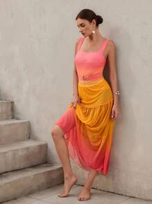 Swim Oasis 1 Set Women Beach Summer Vacation Strap Color Block One Piece Swimsuit With Cover Up Skirt - Multicolor - View 5