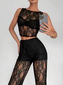 Siren Gaze Set de top negru + pantaloni Top din dantelă + pantaloni din tricot evazați din dantelă cu talie înaltă, set de 2 buc pentru femei, set de 2 buc pentru femei, din dantela transparentă, jacquard, ținută sexy de petrecere.