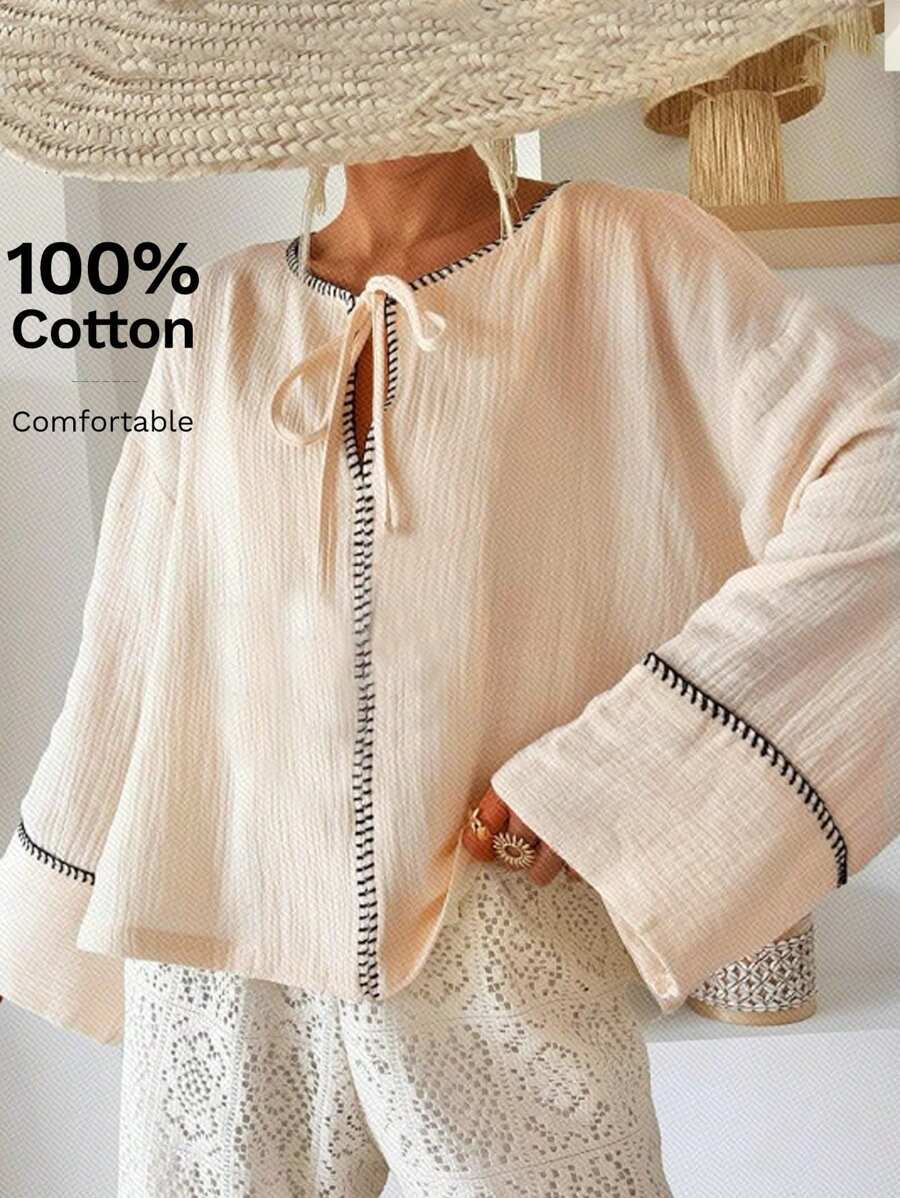 SHEIN Frenchy Women's Colorblock Trim Lace Up Front Long Sleeve Casual Blouse Winter - Apricot - View 1