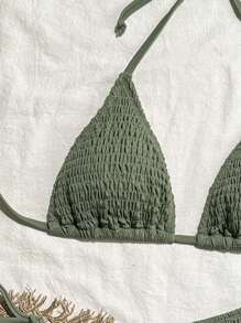 Swim Vcay Women's Summer Beach Solid Color Halter Neck Sexy Bikini Two Pieces Swimwear Set - Army Green - View 3