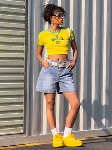 SHEIN Teen Girl Y2K Casual Washed Blue Denim Shorts,Kid Girls Spring And Summer Casual Vacation Country Boho Wear, Beach Outfits For Kid Girls,Western Street Wear For Girl ,Quarter Pants And Mid-Pants Jeans - Light Wash - View 8