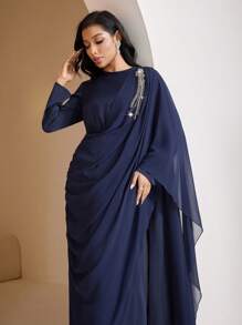 Veilorie Women's Round Neck Long Sleeve Pleated Elegant Arabian Dress,Modest