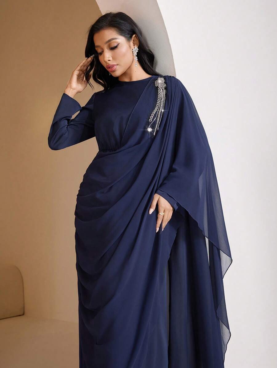 Veilorie Women's Round Neck Long Sleeve Pleated Elegant Arabian Dress,Modest