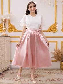 2pcs Set: Teens Girls Exaggerated Flare Sleeve Top And Mini Skirt Suit - Multicolor - View 6