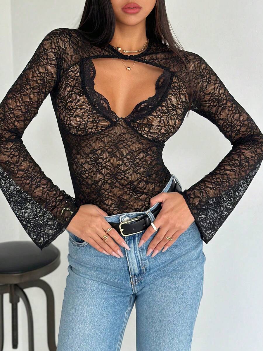 Aloruh 1pc Women's Black Long Sleeve Hollow-Out Sexy Blouse - Black - View 1