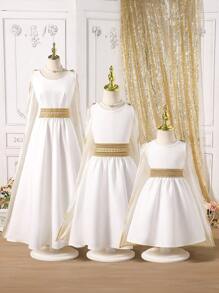 Vestido con cinta de contraste en la cintura - Blanco - Ver 6