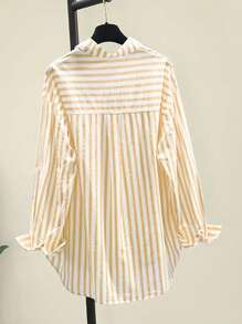 INAWLY Women's Casual Striped Print Long Sleeve Chest Pocket Shirt, Autumn &Winter Fall Cloth For Women - Khaki - View 2