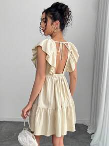 Chiquease Women's V-Neck Ruffle Hem Bow Mini Dress, Summer - Apricot - View 2