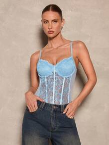 Glamine Sexy And Elegant Lace Splicing Net Fabric Three-Dimensional Stripe Wave Christmas Women's Bodysuit - Blue - View 5