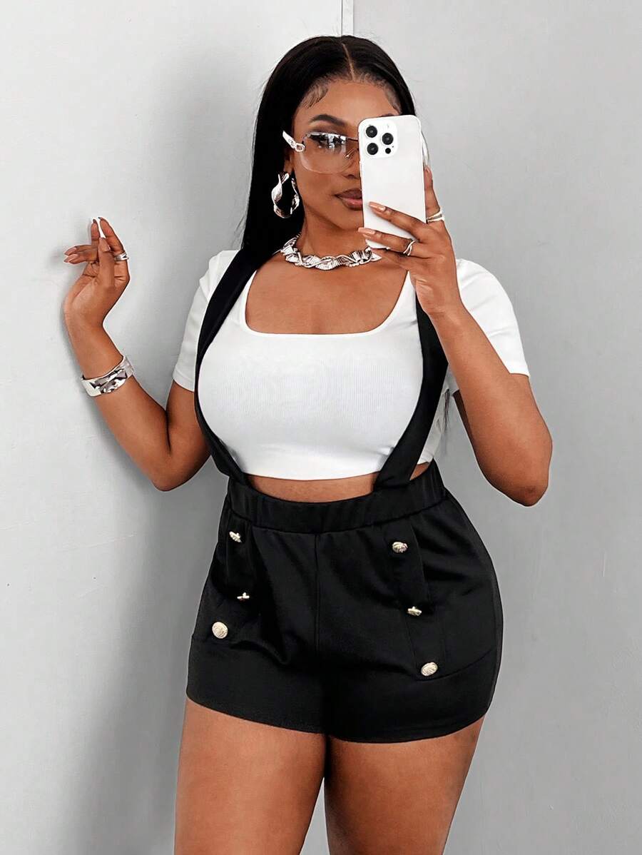 Maweii Plus Button Detail Suspender Shorts Without Tee