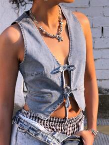 SHEIN Teen Girls' Y2K Blue Denim Bow Sleeveless Cropped Top,Kid Girls Spring And Summer Casual Vacation Boho Wear, Festival Outfits For Girls