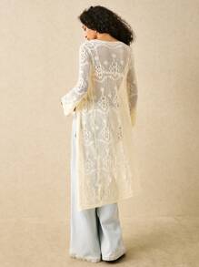 Poéselle Chinese Style Hollow Out Knitted Mid-Length Cardigan - Apricot - View 4