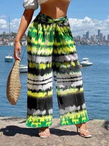SHEIN SXY Abiti primaverili per donna, elegante look boho tropicale da vacanza, abbigliamento western, pantaloni a vita alta ampi con vita elastica e motivo Tintura a nodi sfumato verde - Multicolore - Visualizzare 7
