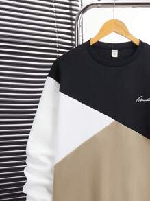SHEIN Bộ 2 quần nỉ cổ tròn in chữ hình học màu sắc giải trí dành cho bé trai tuổi teen, rộng rãi, thoải mái, ấm áp, thích hợp đi học, ngoài trời, chơi thể thao vào mùa thu và mùa đông - Màu Khaki - Xem 6