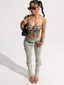 SHEIN EZwear 女士水洗做旧修身牛仔裤 - 綠色 - 查看 3