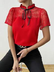 Calvaya Elegant Women Blouse, Contrast Lace Satin Ribbon Blouse, Romantic Stylish Shirt, Red Blouse