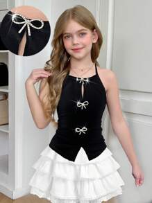 SHEIN 青少年女孩黑色针织水钻蝴蝶结装饰开衩露背时尚背心，适合 Y2K、返校季、母子装 - 黑色 - 查看 5