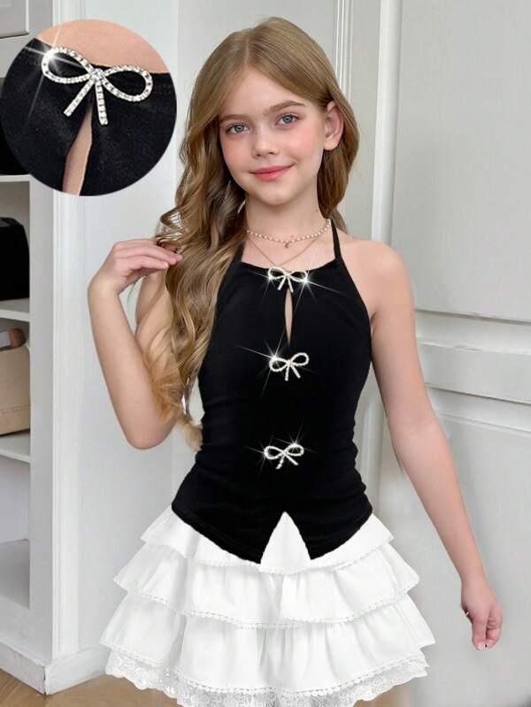 SHEIN Top halter negro de punto con decoración de lazo de strass para niñas preadolescentes, estilo Y2K, vuelta al colegio, conjuntos a juego madre-hija