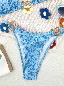 SHEIN Swim 女士夏季海滩度假随意碎花吊带系带金属装饰性感比基尼套装 - 藍色 - 查看 4