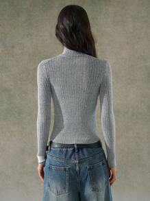 LYSMO Women V-Neck Solid Color Zip-Up Cardigan Sweater - Black and White - View 2