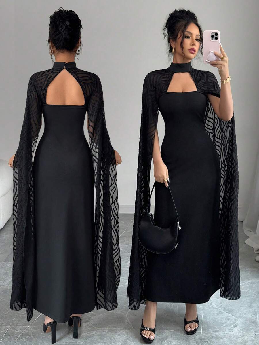 Rafferiza Women's Elegant Cape Dress, Black Lace Holiday Long Dress Fall Cloth For Women - Black - View 1