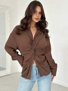 Firerie New Linen-Like Cool Fabric Twisted Tie Drop Shoulder Shirt - Coffee Brown - View 3