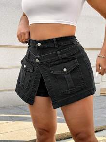SHEIN EZwear Plus Size Denim Shorts Simple And Stylish Casual Everyday - Black - View 4