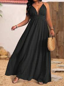 Sunserae Vestido de talla grande de verano con cuello en V profundo, espalda cruzada, cinturón texturizado para la cintura, ideal para la playa y vacaciones - Negro - Ver 6