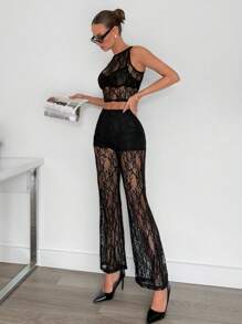 Siren Gaze Set de top negru + pantaloni Top din dantelă + pantaloni din tricot evazați din dantelă cu talie înaltă, set de 2 buc pentru femei, set de 2 buc pentru femei, din dantela transparentă, jacquard, ținută sexy de petrecere.
