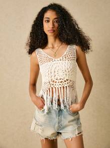 Poéselle White Crochet Top,Summer Women Outfit,Going Out Tops,Tops,Music Festival,Boho,Featuring Exquisite Crochet Patterns, Breathable And Delicate, It Adds A Distinct Texture That Makes Each Vest Stand Out.Solid Color Hand-Crocheted Tassel Camisole Asymmetrical Summer Vacation Knit Top,This Crochet Vest Showcases The Unique Charm Of Handcrafted Design, Perfectly Blending Into Bohemian Style, Suitable For Various Casual Occasions.