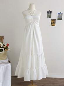 Soleia 女士休闲纯色挂脖腰褶皱长裙