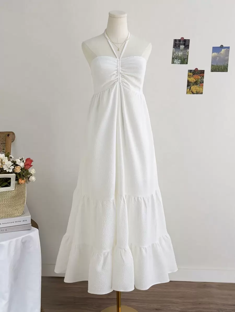 Soleia 女士休闲纯色挂脖腰褶皱长裙