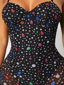 SHEIN SXY Sexy Sheer Mesh Black Jumpsuit For Spring/Summer, Fitted Jumpsuit With Colorful Gem & Diamond All-Over Print, Suitable For Daily Outings, Dates, Nightclubs, Parties, Birthdays, Music Festivals - Multicolor - View 7