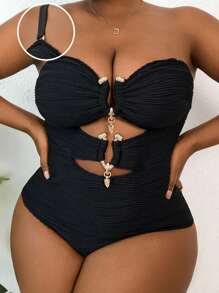 Slaydiva Plus Size Women's High Elastic Solid Color Special Fabric Slim Hollow Beach Pool Detachable Shoulder Straps Casual Sexy One-Piece Swimsuit For Summer Beach Vacation - Multicolor - View 1