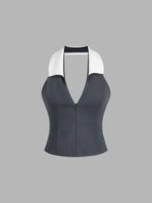 Femmeiva Slim-Fit Cropped American Style Tank Top For Women, Deep V-Neck, Contrast Color, Front Zipper Design - Multicolor - View 1